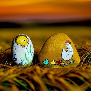 Hand crafted painted chick cracked egg rock chicken stones floral white red blue